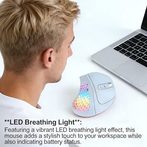 Bluetooth Wireless Dual-Mode Vertical Mouse - Silent Click, Ergonomic Comfort for Office & Home Use, Rechargeable with LED Breathing Light, Compatible with Multiple Devices (Blue)
