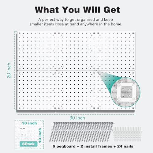 6 Pcs Peg board, Pegboard Wall Organizer Panels, White Pegboard