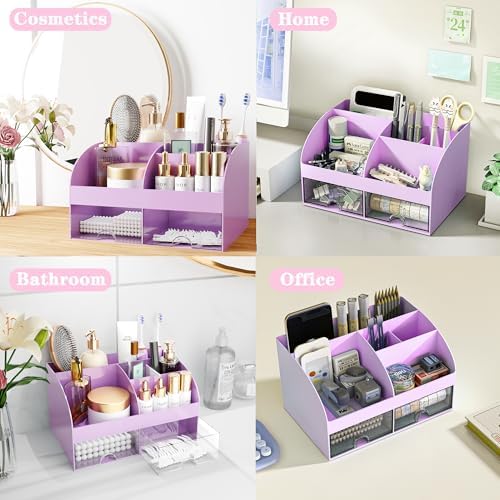 COMFYROOM Desk Accessories with Pen Holder, Office Supplies Desk Organizers and Accessories, Tape Dispenser, Stapler, Staple Remover, Staples, Clips Set, Ruler, Scissor, Pen, Tape (Purple)