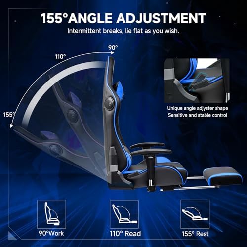 GTPLAYER Gaming Chair,Gamer Chair with Bluetooth and Adjustable Backrest,Seat Height Adjustable Computer Chairs with 3D Armrests,Video Game Chair with Footrest Speakers (Blue)