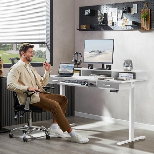 WALKINGDESK 55 Inches Electric Standing Desk with Keyboard Tray, Height Adjustable Sit to Stand Table with 2 Drawers, Ergonomic Home Office Desk with Storage Shelf, Computer Table, White