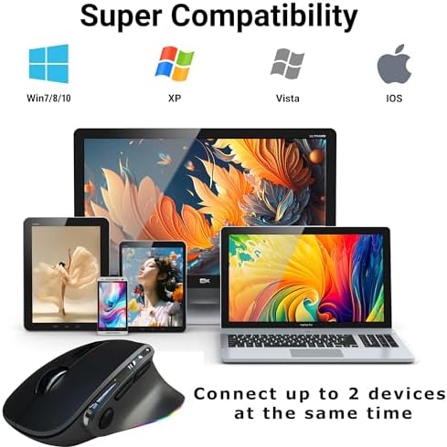 Ergonomic Mouse Jiggler, Large Middle Hands Dual Mode(Bluetooth+USB)Rechargeable Vertical Carpal Tunnel Bluetooth Wireless Mouse for PC/Laptop/Computer/Desktop/Tablet/ipad/Macbook Office Work Gift