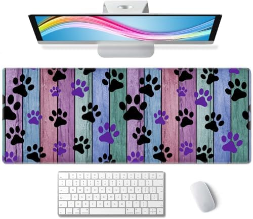 Dog Paw Desk Mat Black and Purple Large Extended Mouse Pad XL Desk Pad Gaming Mousepad Keyboard Mouse Mat for Computer Laptop 31.5''X11.8'' Non-Slip Rubber Base with Stitched Edges
