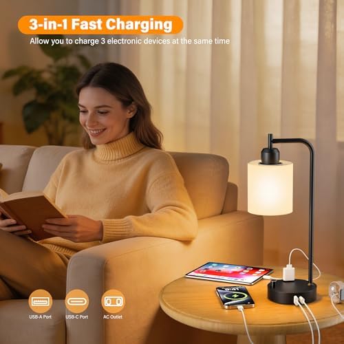 SIBRILLE Industrial Table Lamps with Linen Shade, Set of 2 Fully Dimmable Bedside Lamps with USB A+C Ports and Outlet, Black Nightstand Desk Lamps for Bedrooms Living Room Office, 2 LED Bulbs Included