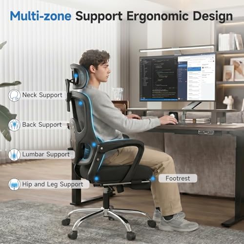 Ergonomic Office Chair with Footrest, 90-145° Reclining Mesh Desk Chair