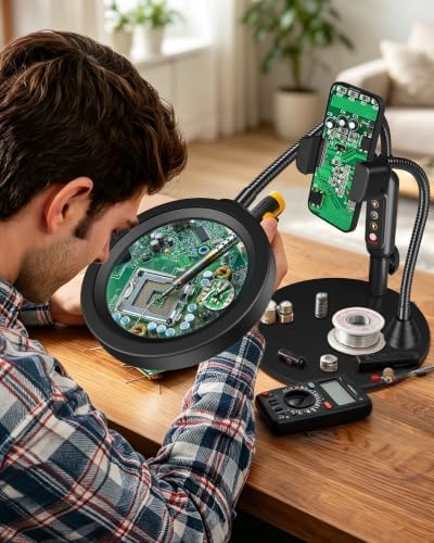 30X 10X Magnifying Glass with Light and Phone Holder, 5 Color Modes Stepless Dimmable, Optical Grade HD Lens, LED Lighted Magnifier Hands Free with Flexible Gooseneck for Close Work, Craft, Hobby