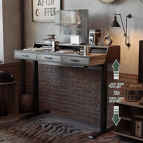 CubiCubi One-Piece Standing Desk 55x26 with 3 Wood Drawers, Antique Grey