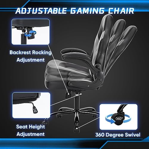 NEWBULIG Gaming Office Computer Chair – Ergonomic Mid-Back with Flip-Up Armrests, Adjustable Height, Lumbar Support & 360° Silent Swivel Wheels, PU Leather for Home/Office, Grey
