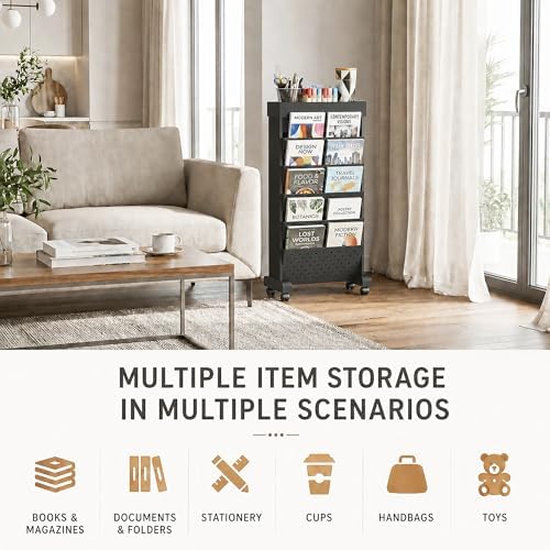 6-Tier Rolling Bookshelf Magazine Rack with Wheels Black