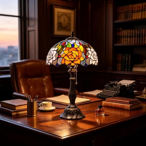 Tiffany Stained Glass Lamp Orange Violet Rose Table Lamp