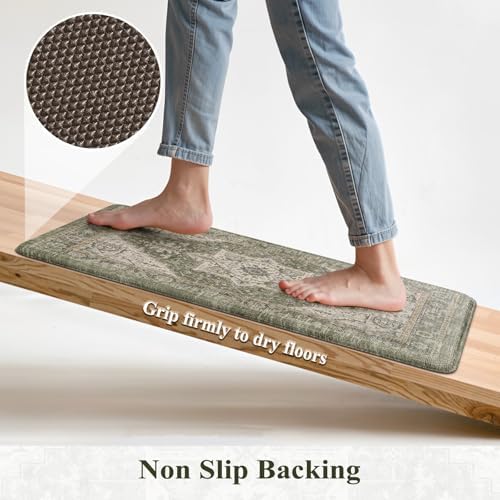 KIMODE Anti Fatigue Mats for Kitchen Floor, Green Distressed Kitchen Rugs