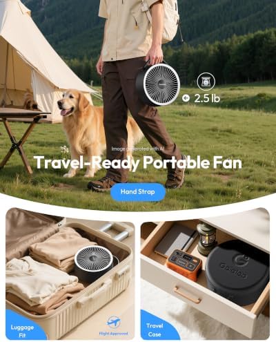 Gaiatop Portable Pedestal Fan 16000mAh Battery [Max 74h Runtime], Foldable Oscillating Standing Fan, Collapsible Desk Fans, LED Light, Case & Remote Control 4 Speeds for Outdoor Travel Camping (Black)