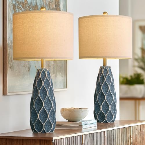 Ceramic Table Lamps Set of 2, 27.5" Blue Lamps for Bedroom Living Room