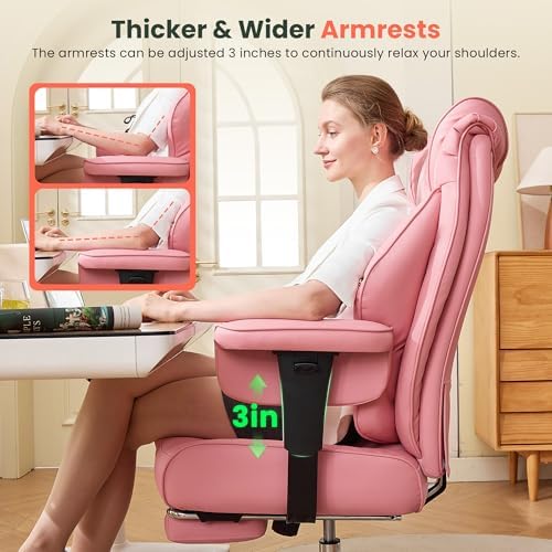 CIOMAN 500lbs Big and Tall Office Chair Adjustable Lumbar Support, Extra Wide Seat Ergonomic Gaming Chair with Footrest, Heavy Duty High Back Executive Leather Computer Desk Chair, Pink