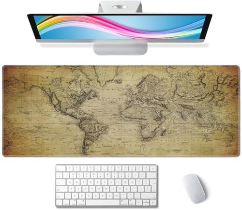 Gaming Mouse Pad Large, Keyboard Mouse Mat Desk Pad, Non-Slip Rubber Base with Stitched Edges Mousepad, 31.5X11.8 inch Vintage Retro World Map