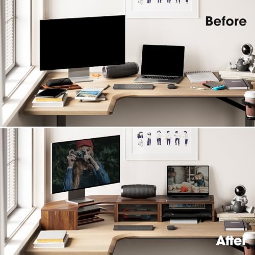Fenge Dual Monitor Stand, Corner Desk Shelf with Drawer & Slide-Out Tray