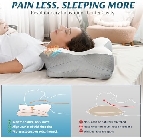 Cervical Neck Pillow for Pain Relief, Ergonomic Side Sleeper Pillow for Sleeping, Contour Orthopedic Memory Foam Pillows for Back & Stomach Sleepers with Pillowcase (Light Grey)