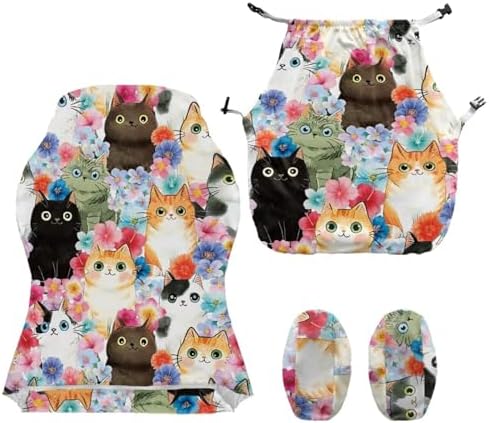 Cats Floral Print Gaming Chair Cover Stretchable 4 Piece Furniture Protector Non Slip Breathable Gaming Chair Slipcover with Armrest Covers