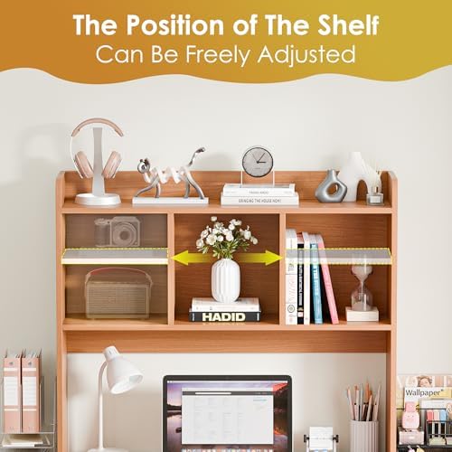 SUPER DEAL Desktop Bookshelf, Countertop Storage Hutch with 4 Shelves for Computer Desk, 2-Tier Display Rack, Multipurpose Wood Desk Hutch Storage Organizer for Home Office Dorm, Natural
