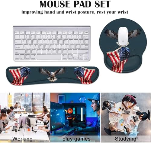 Keyboard Wrist Rest and Mouse Pad Wrist Rest Support Set with Coasters, Non-Slip PU Base for Gaming and Office, Comfortable & Lightweight for Easy Typing & Pain Relief, American Flag Patriotic Eagle