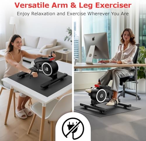 pooboo Under Desk Bike Pedal Exerciser, Quiet Magnetic Mini Exercise Bike with 16 Resistance Levels, Arm & Leg Workout, Resistance Bands & Non-Slip Mat for Home Office Therapy (Black-Silver)