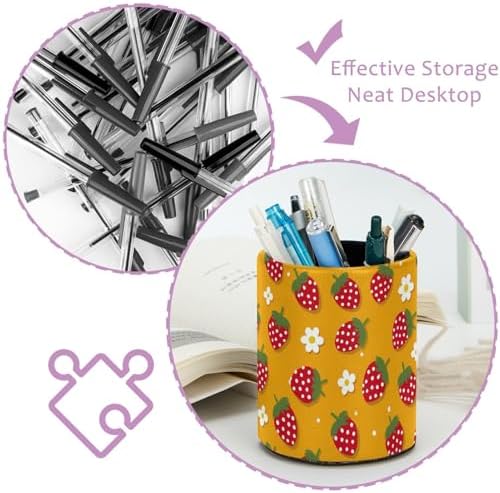 Strawberry Daisies Pen Holder Pencil Organizer Cute Pencil Cup Desk Decor Makeup Brush Holder PU Multifunctional Office Supplies for Home Classroom School
