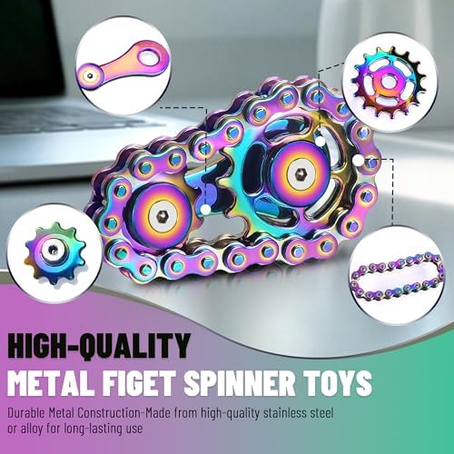 Metal Fidget Spinner Toys for Teens Boys Adults Bike Chain Roller Gadgets ADHD Figette Anxiety Stress Relief Items Quiet Figet Desk Offices EDC Men Easter Basket Stuffer - Rainbow+Silver