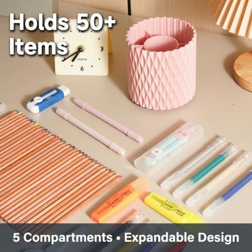 Pink Pen Holder for Desk, 360° Rotating Pencil Organizer, 5 Slots