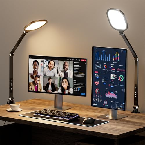 LitONES 2 Packs Led Desk Lamps for Home Office, 1200LM Dimmable Clamp-on Desktop Light, Adjustable Swing Arm Ring Light with Stand, Memory & Timer Function, Eye-Caring Design
