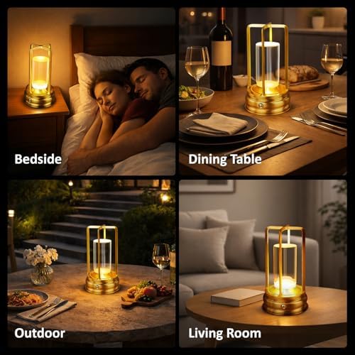 4 Pack Gold Cordless Table Lamp - Portable Rechargeable Lamp, Wireless Lamp for Restaurant Home Dinner Dining Kitchen Outdoor Patio with Metal Construction