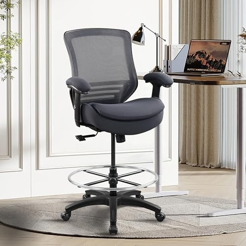 400lbs Office Drafting Chair Wide Dual Seat Cushion Height Adjustable Armrest for High Standing Desk with Lumbar Support and Enlarged Adjustable Footrest (Black Frame Gray Fabric)
