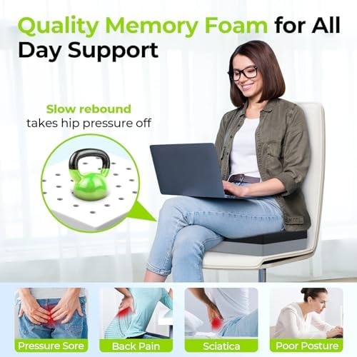 AUVON Ventilation Seat Cushion with Innovation Heat Dissipation Design, Wheelchair Cushion with Supportive Memory Foam, Waterproof & Anti-Slip Cover, Improve & Tailbone Comfort (Black, XX-Large)
