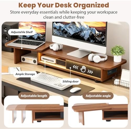 Artswish Dual Monitor Stand with Power Outlet, Brown Desk Monitor Riser