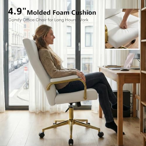 GXJ White and Gold Office Chair with Memory Foam Seat, Computer Desk Chair