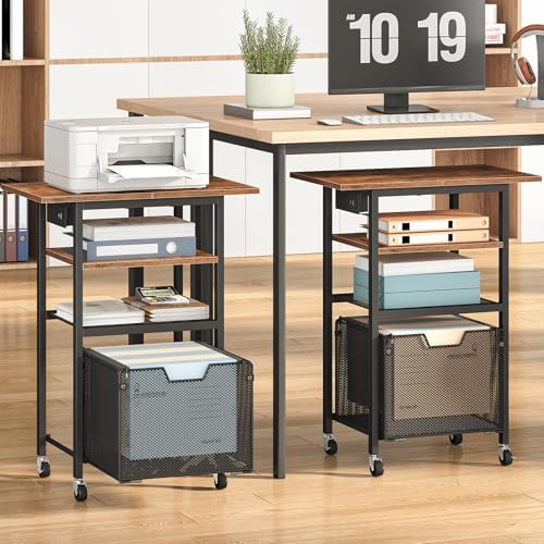 HOOBRO Printer Stand with Hanging File Drawer, Rolling Printer Cart on Wheels, Mobile Filing Cabinet Storage Shelf, Home Office Desk Side Organizer, Rustic Brown and Black BF17UPS01