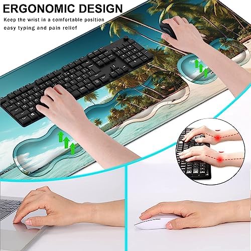 Keyboard Wrist Rest and Mouse Pad with Wrist Support Set Ergonomic Coaster,Memory Foam,Easy Typing Pain Relief,Large XL Desk Mat 31.5"x 11.8",Beach and Coconut Trees Design