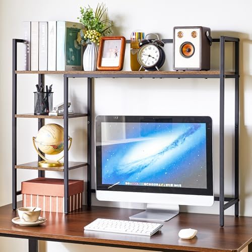 IBUYKE Desk Shelf,Computer Desktop Bookcase,37.8 Inch Multipurpose Wood Desk Hutch Bookshelf for Computer,4 Tier Desk Organizer for Office Home Dormitory,Brown TMZ005H