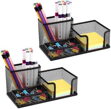 2-Piece Desk Pen & Pencil Organizer - Mesh Metal Pen Cup with Sticky Notes Holder, Black