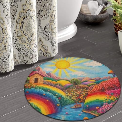 Machine Washable Modern Round Area Rug, Room Sofa Yoga Soft Round Carpet, Home Decor Non Slip Kitchen Office Circle Rug Colorful Red Cottage Landscape Art, 36inch