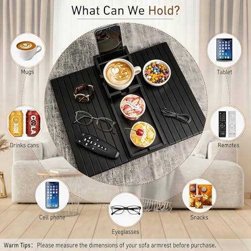 Yoshiky Black Bamboo Couch Armrest Table, Couch Arm Tray with Removable Couch Cup Holder, 2 in 1 Design Foldable Anti-Slip Bamboo Couch Tray and Sofa Cup Holder for Drink