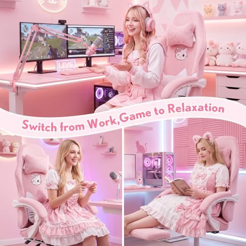 Pink Cat Gaming Chair,Ultra Soft Cute Microplush Fleece Office Desk Chair