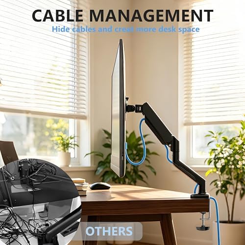 Single Monitor Arm, Fully Adjustable Monitor Mount Fits 13-32 Inch Flat/Curved Screens, Gas Spring Monitor Desk Mount with Clamp & Grommet Base, VESA 75x75/100x100mm, Holds Up to 19.8 lbs