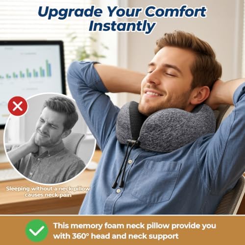 ExploreBliss Travel Pillow, Memory Foam Neck Pillow Airplane, Grey*2