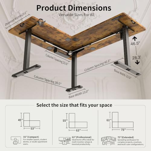 WALKINGDESK 63X55 Inches Reversible L Shaped Standing Desk Height Adjustable with Cup Holder, Electric Corner Computer Desk, Sit Stand up Home Office Desk, Ergonomic Gaming Desk, Rustic Brown