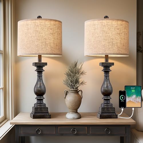 BOBOMOMO 27" Farmhouse Black Table Lamp Set of 2 with USB A+C for Bedroom Living Room Vintage Rustic Traditional Nightstand Bedside Lamps Retro Side Table Lamps (Blubs not Included)