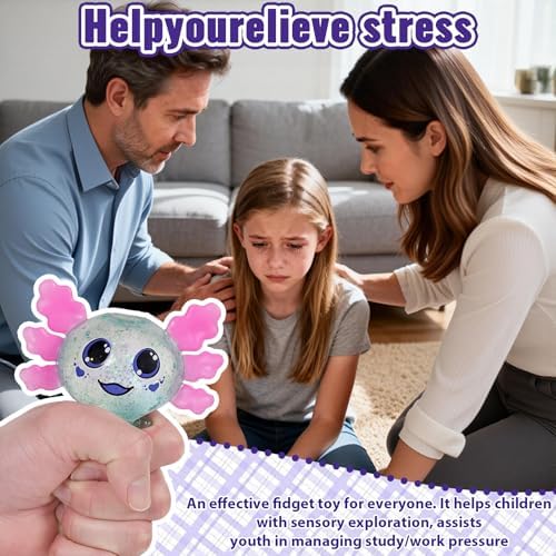 Axolotl Squishy Toy Squeeze Stress Relief Fidget Sensory Toy for Kids Adults, Cute Handheld Stress Ball for Anxiety and Focus, Purple Big Ears(Pink)