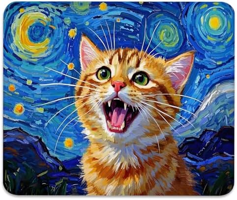 Cat Screaming in the Starry Night Mouse Pad, Adorable Kitten Desk Mat