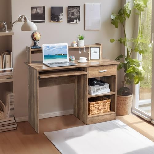Karl home Computer Desk Study Writing Desk, Wooden Home Office Workstation PC Laptop Table with Drawer Shelf Keyboard Tray, Brown