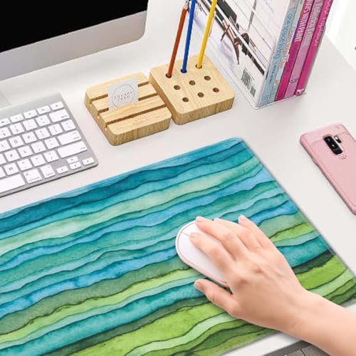 Waves Desk Mat Blue and Green Large Mouse Pad Desk Pad Desk Accessories for Women Men Office Decor, XL Mousepad Long Laptop Keyboard Mouse Mat 31.5''X11.8'' Non-Slip Rubber Base with Stitched Edges