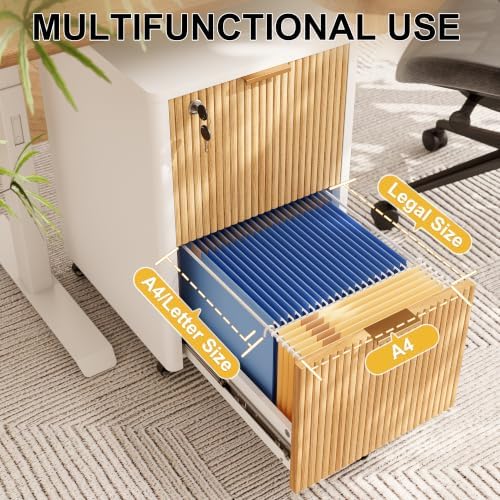2 Drawers Fluted Mobile File Cabinet with Lock, Rolling File Cabinet Printer Stand Table, Under Desk Wooden Filing Cabinets for Home Office Essentials Storage Organization Furniture Letter/Legal/A4